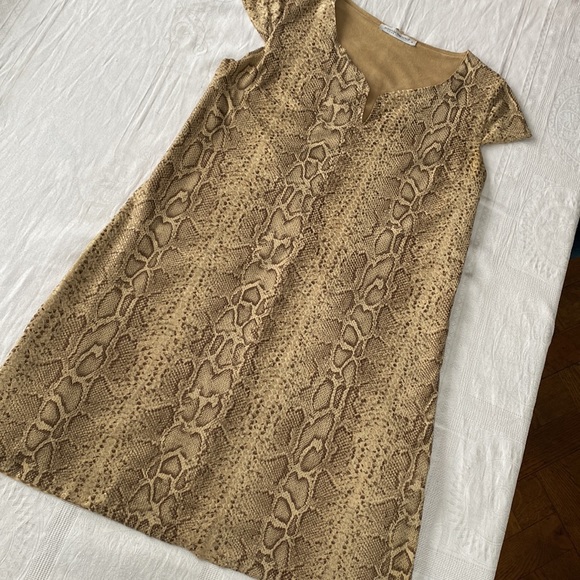 Cute, fun shift dress. Snakeskin pattern in neutral beige and browns. Size Small - Picture 10 of 13
